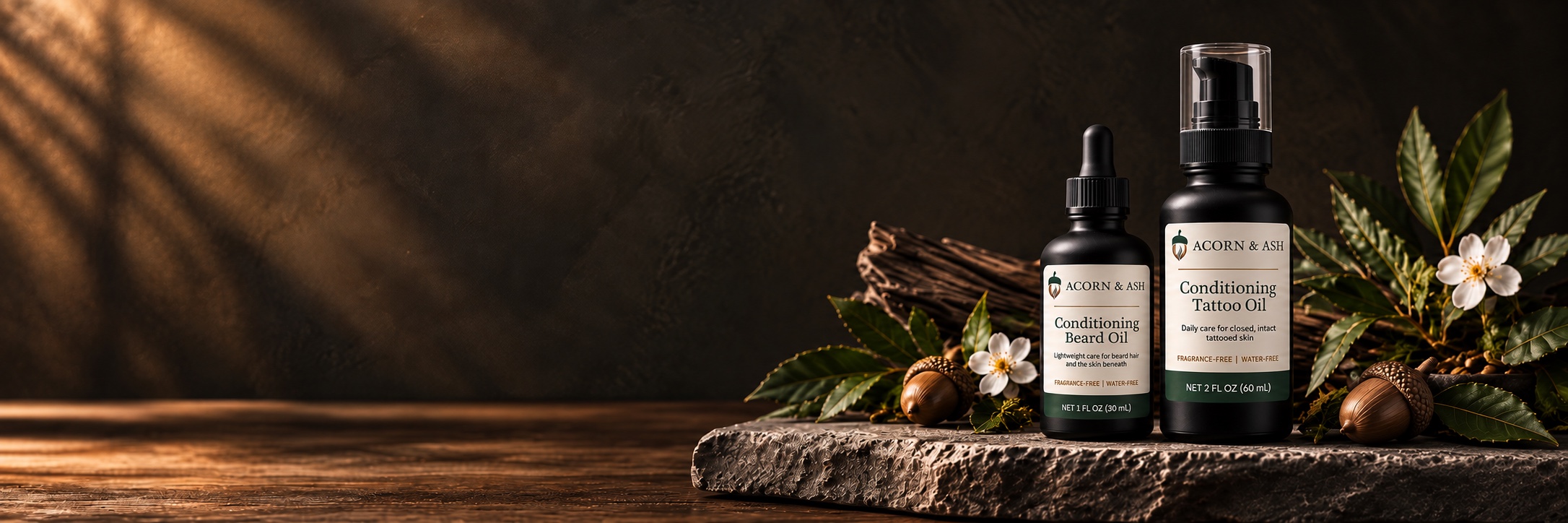Acorn & Ash Conditioning Beard Oil and Conditioning Tattoo Oil in dark bottles with the previous label design