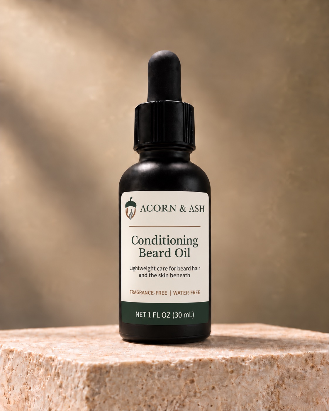 Conditioning Beard Oil in a dark dropper bottle with the previous Acorn & Ash label design